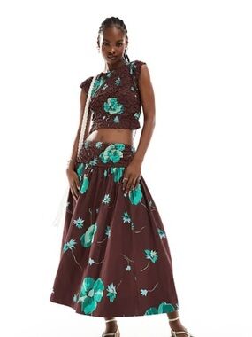 Free People Dark Brown Turquoise 2 Piece Crop Top Full Skirt Set